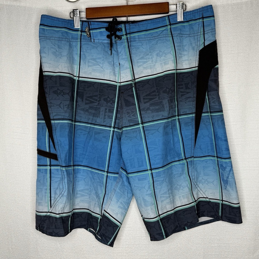 SALT LIFE Board Shorts SLX-QD Vapor Stretch Mens 38 Blue Fish Logo Side Pocket